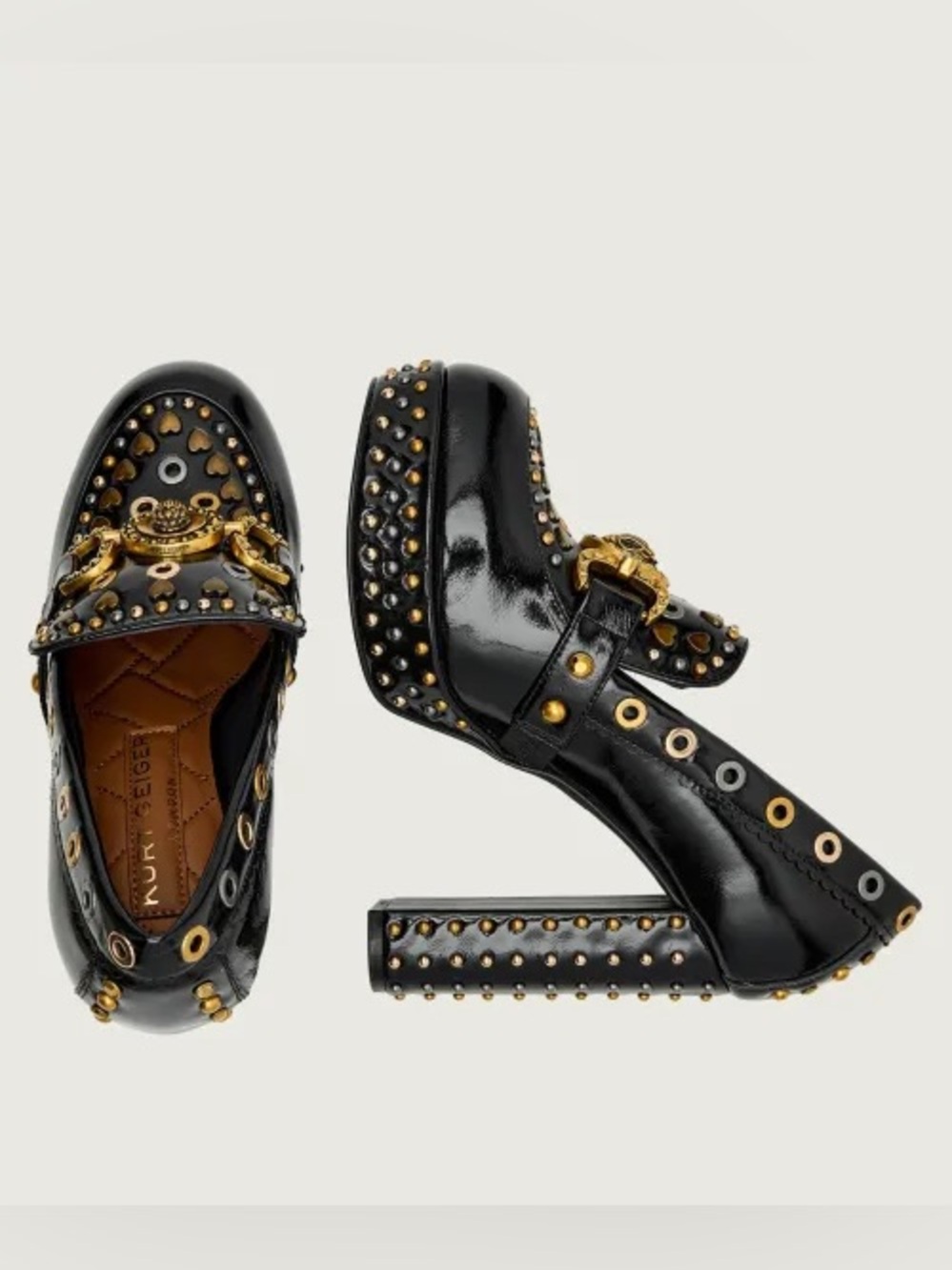NWT Kurt Geiger Black Patent Loafers with Gold Heart Stud & Grommet Detail Sz 40 - Picture 5 of 15